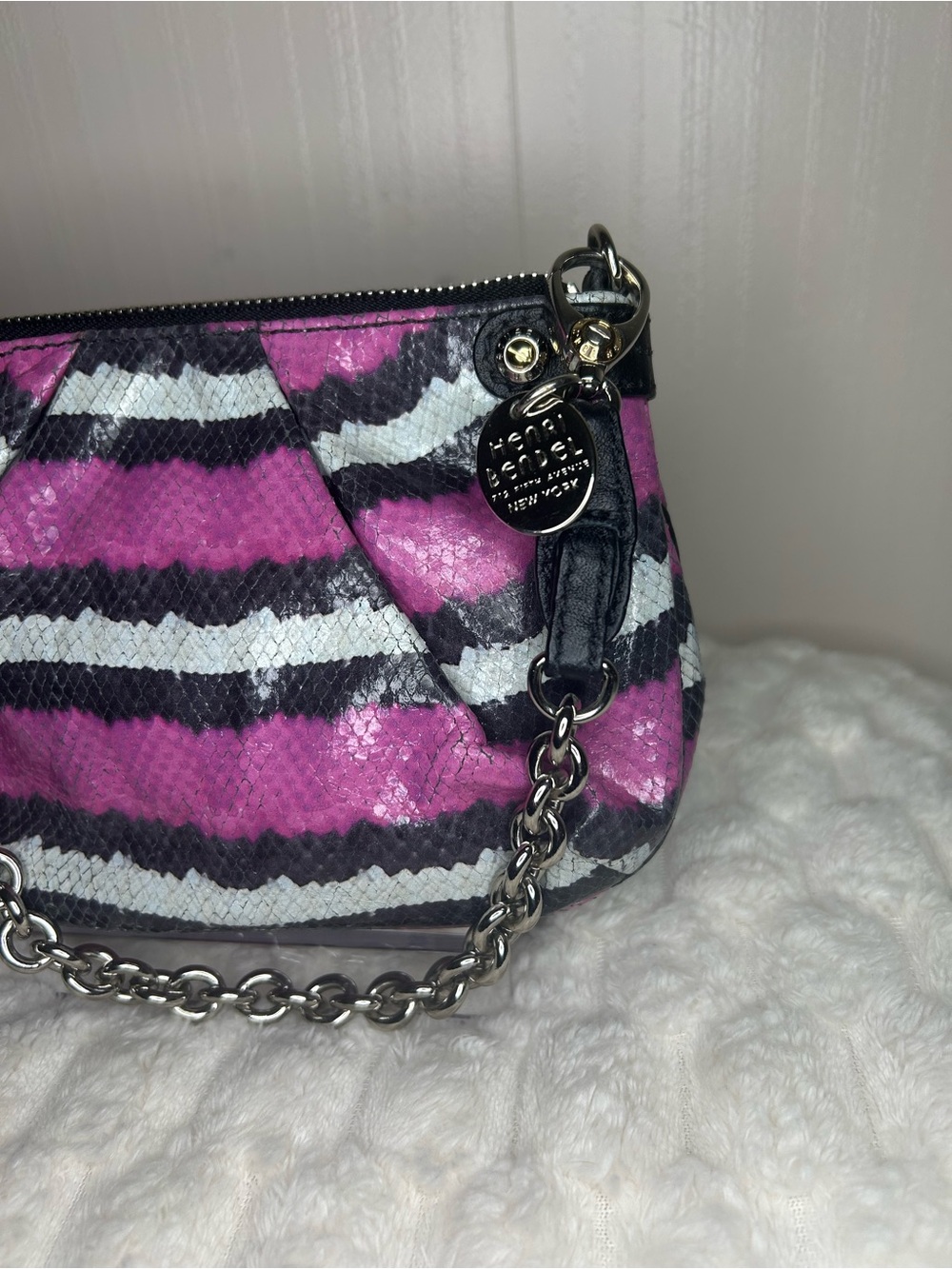henri bendel Pink Black White Snake skin print Mini Silver Chain Shoulder Bag - Picture 2 of 10